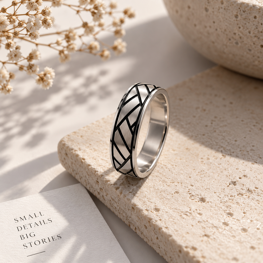 Oxidized Geometric Silver Band Ring