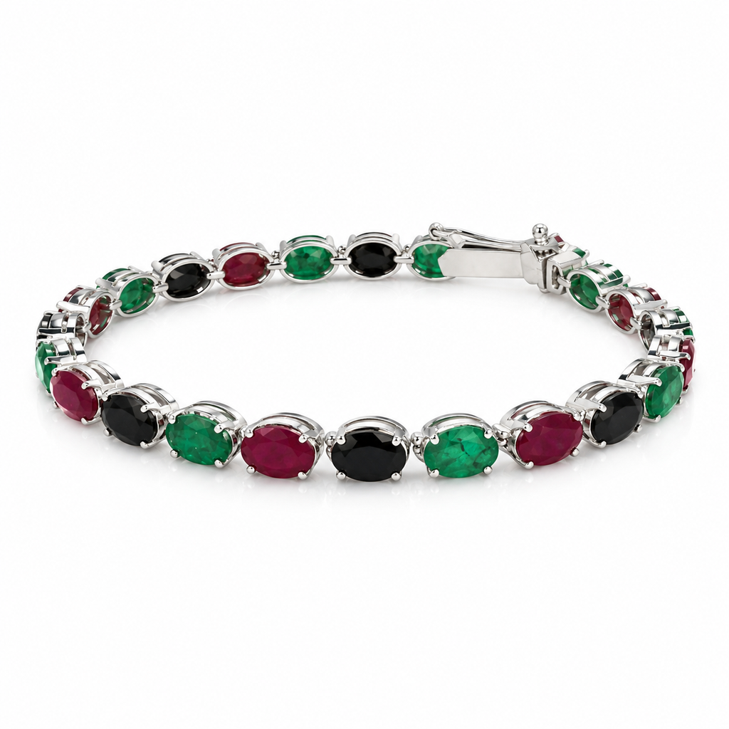 Silver Ruby, Emerald & Sapphire Oval Link Bracelet