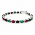 Silver Ruby, Emerald & Sapphire Oval Link Bracelet