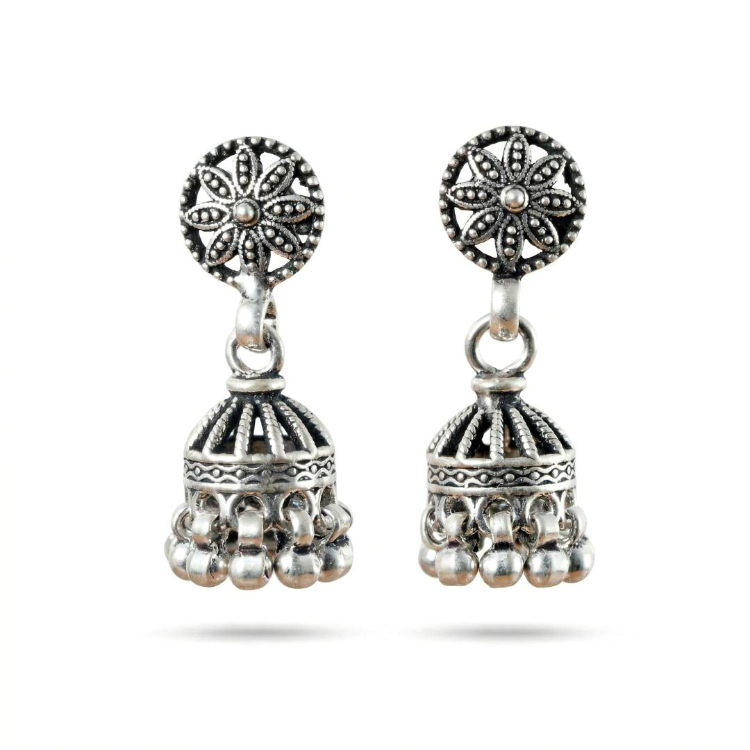 925 Sterling Silver Rawa Work Jhumka Earrings with Ghungroo Drops