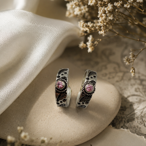 925 Sterling Silver Pink Stone Adjustable Toe Ring | Oxidized Floral Design | Minimal Ethnic Foot Jewelry