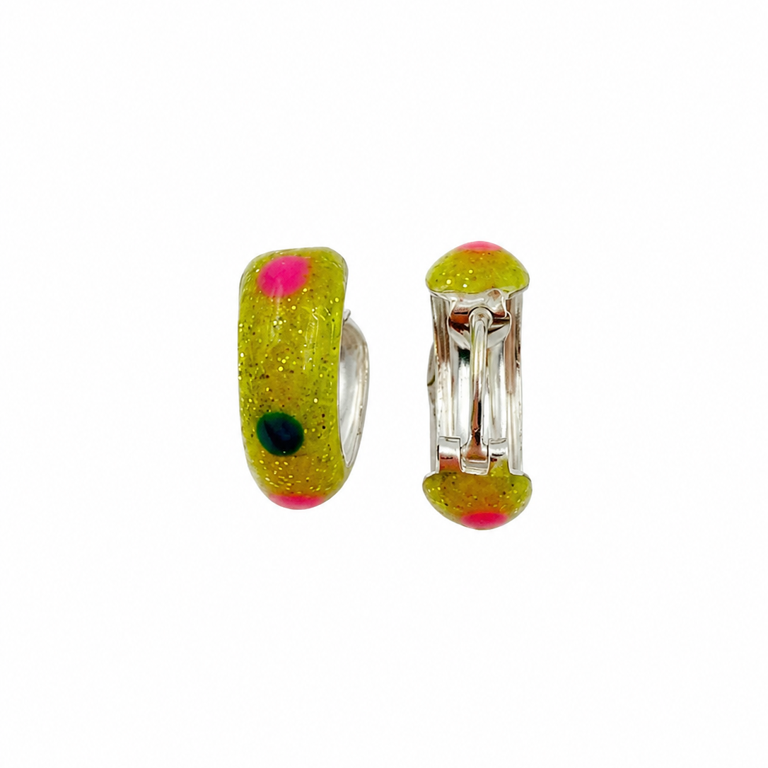 Lime Green Glitter Enamel Hoop Earrings with Pink & Blue Accents