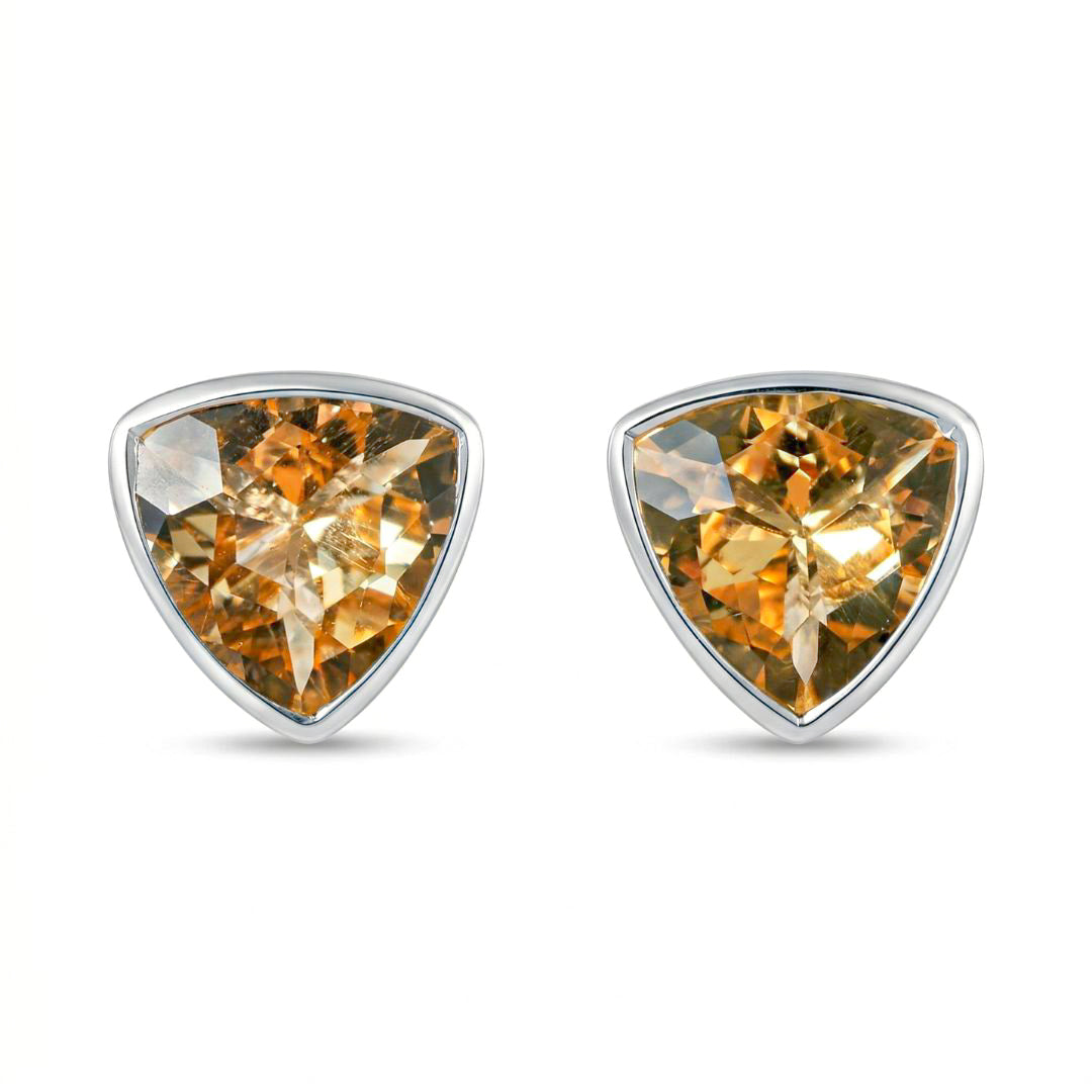 Citrine Stud Rhodium Polish Silver Earrings