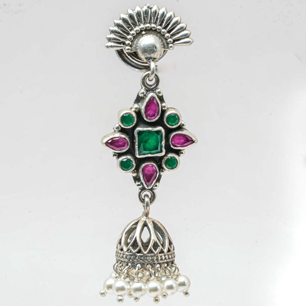 Moonraga Floral Rawa Work Jhumka Earrings with Red & Green Onyx