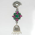 Moonraga Floral Rawa Work Jhumka Earrings with Red & Green Onyx