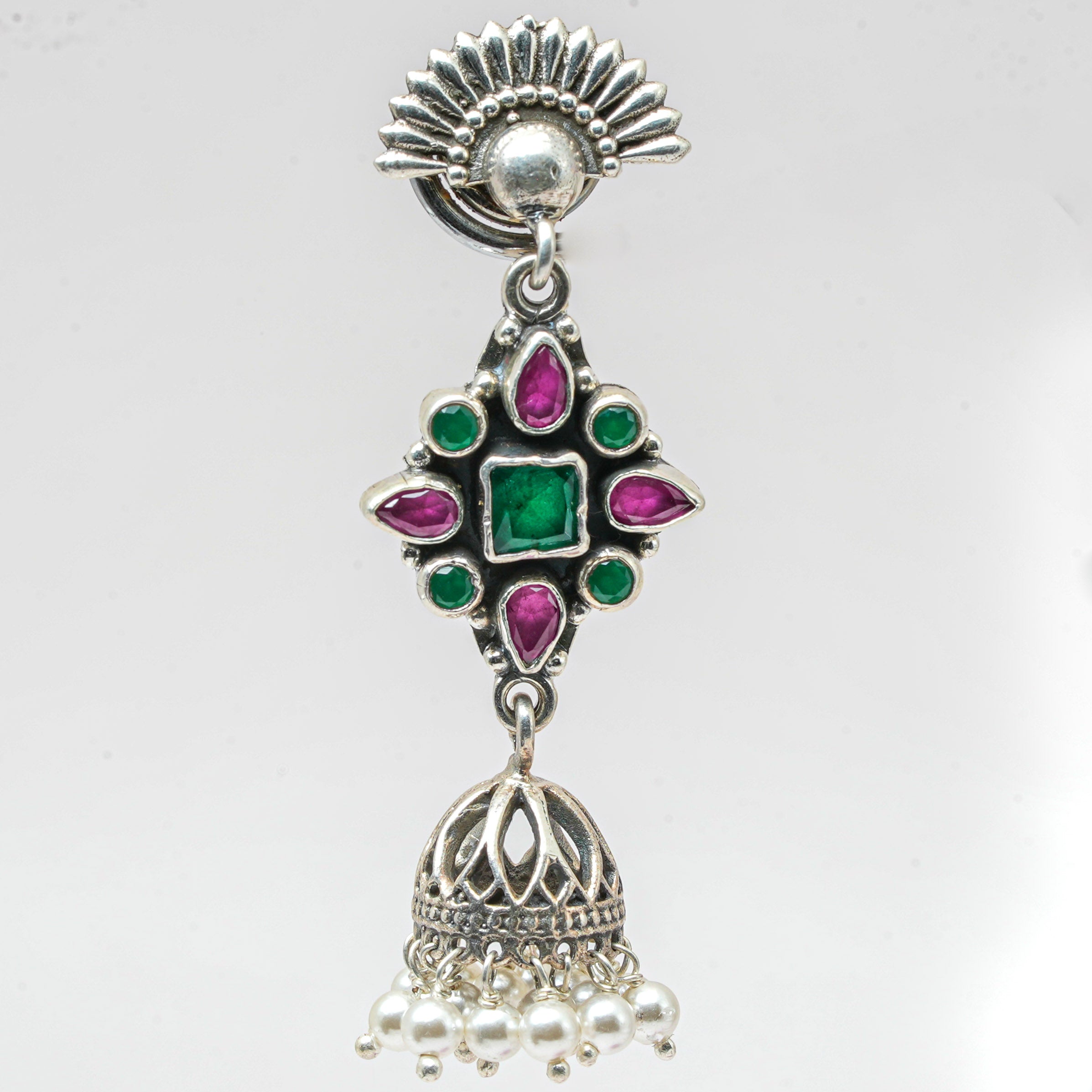 Moonraga Floral Rawa Work Jhumka Earrings with Red & Green Onyx