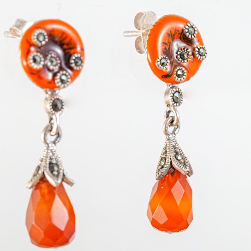 Moonraga Carnelian Teardrop Enamel & Marcasite Drop Earrings