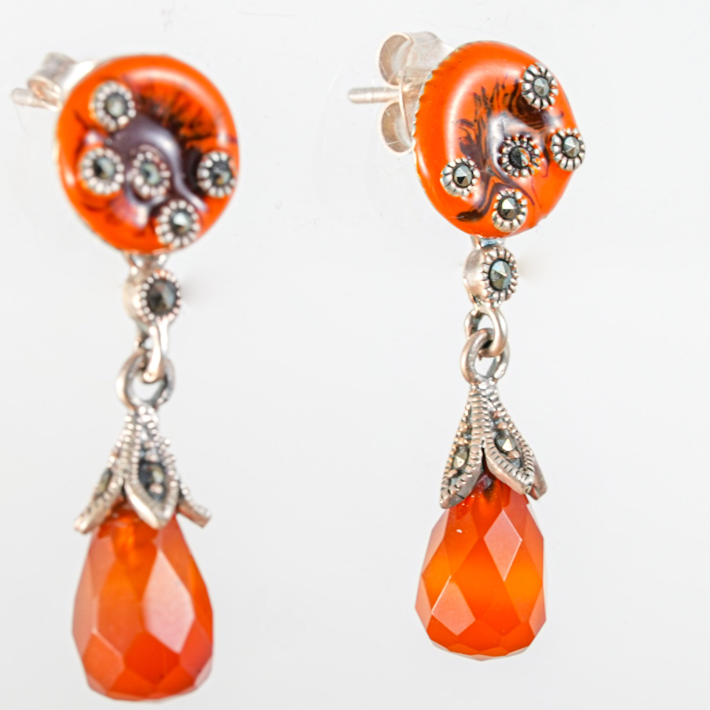 Moonraga Carnelian Teardrop Enamel & Marcasite Drop Earrings