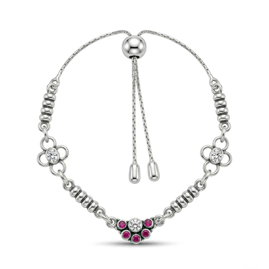Adjustable Pink & White Zircon Silver Bracelet