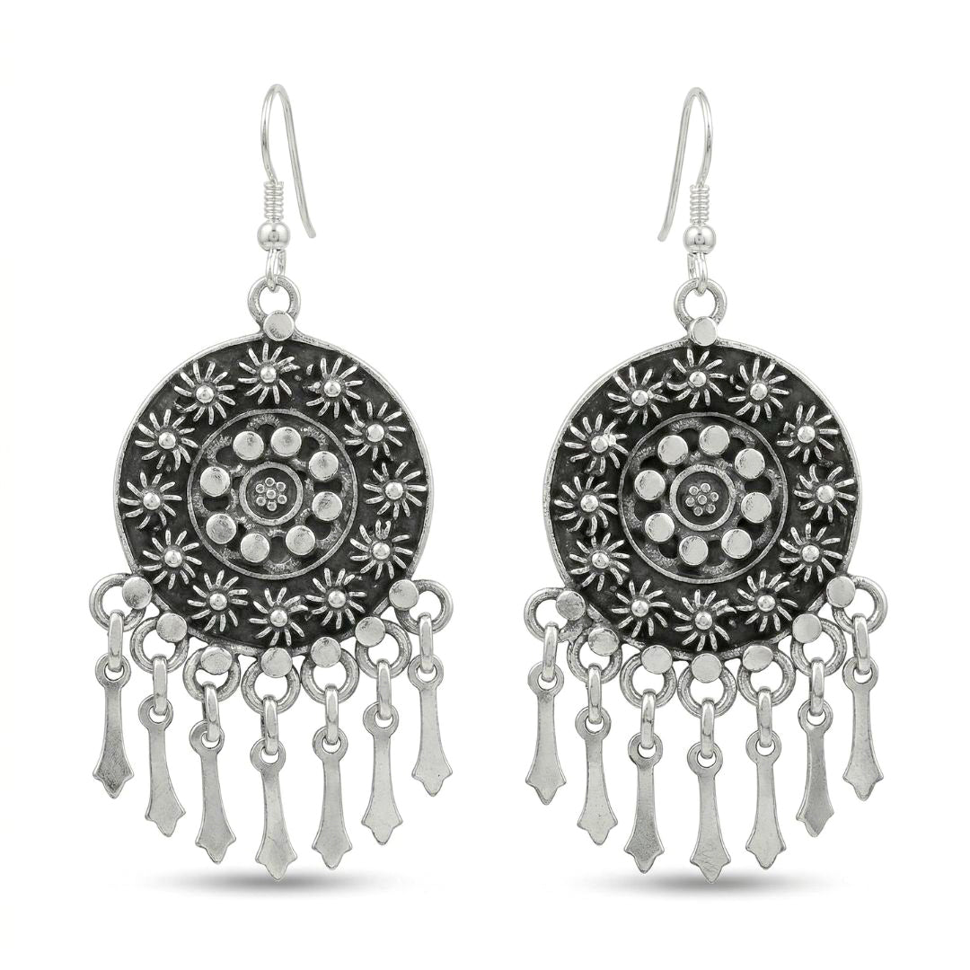 Vintage Tribal Mandala Dangle Silver Earrings