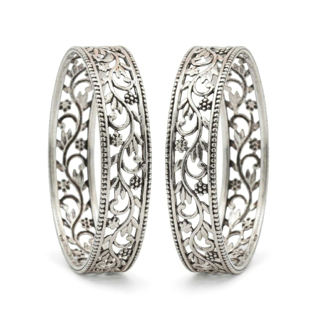 Floral Motif Solid Silver Bangles (Pair)