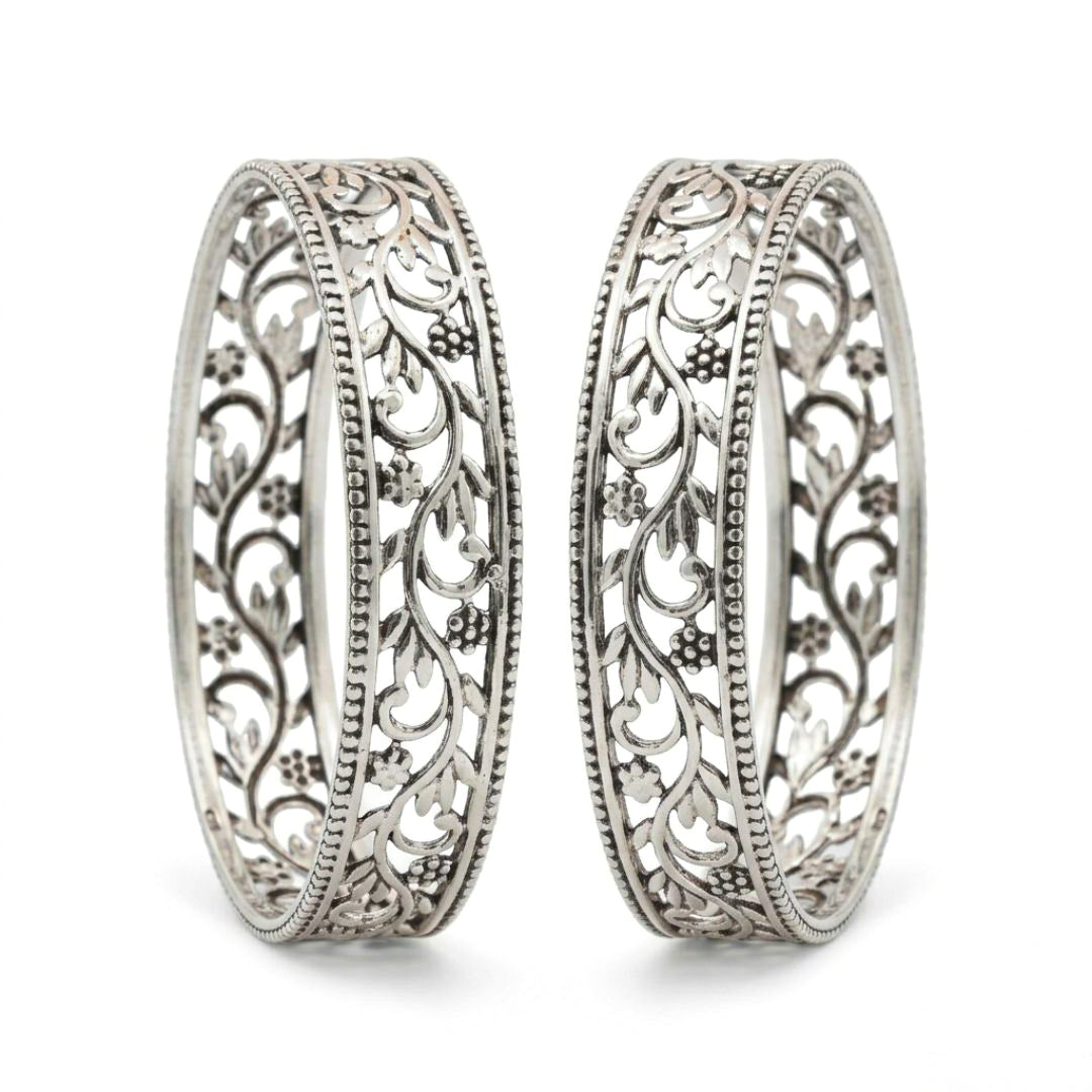 Floral Motif Solid Silver Bangles (Pair)