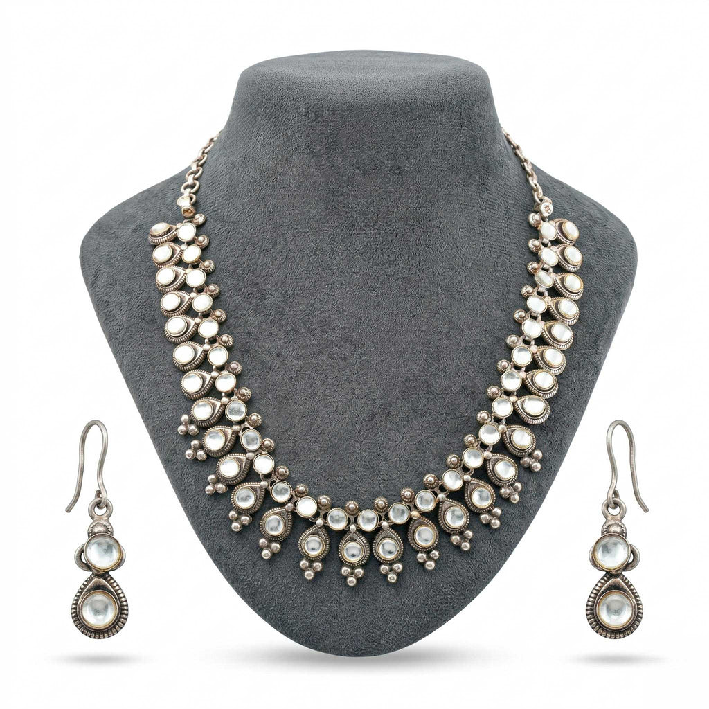 Kundan Stone Silver Necklace & Earrings Set