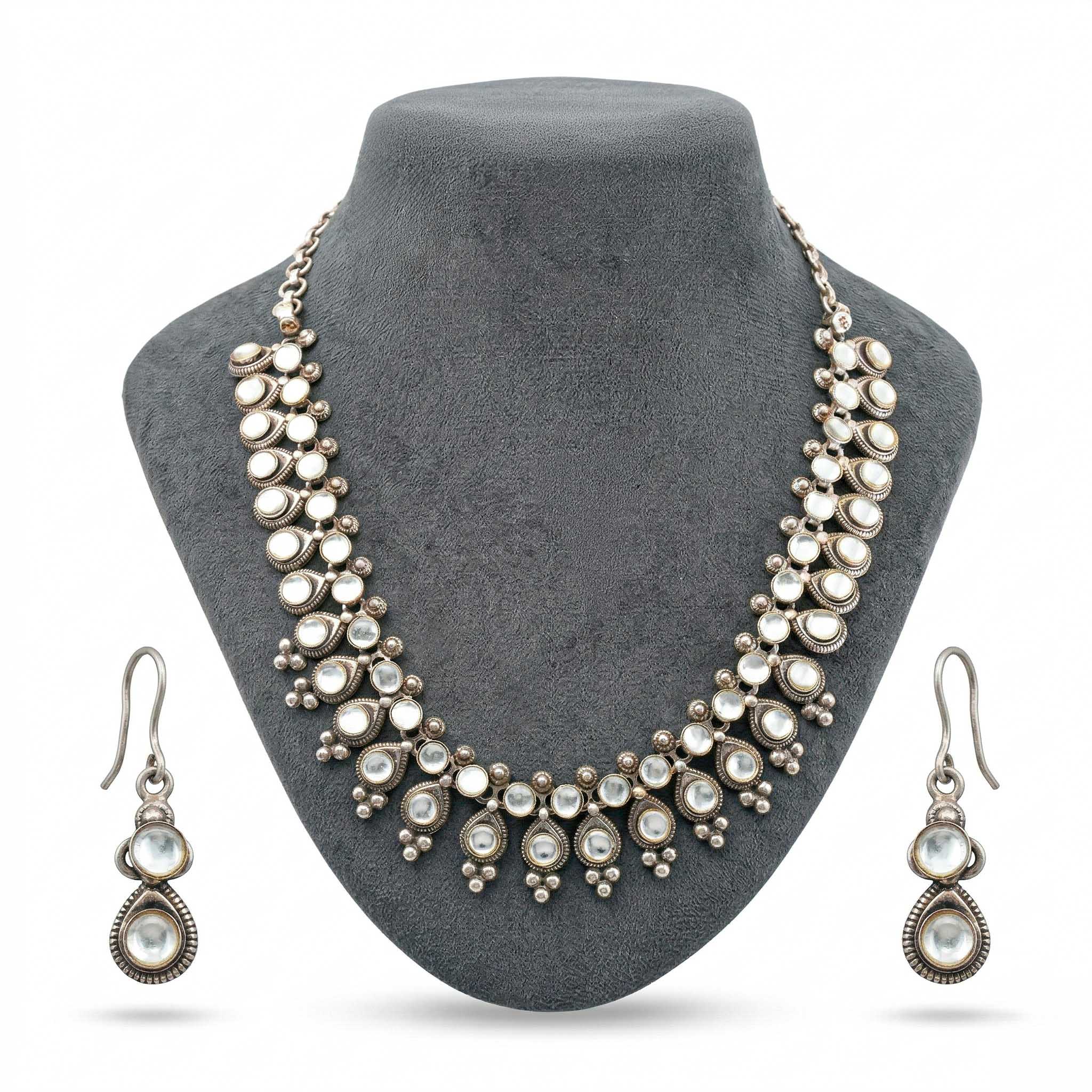 Kundan Stone Silver Necklace & Earrings Set