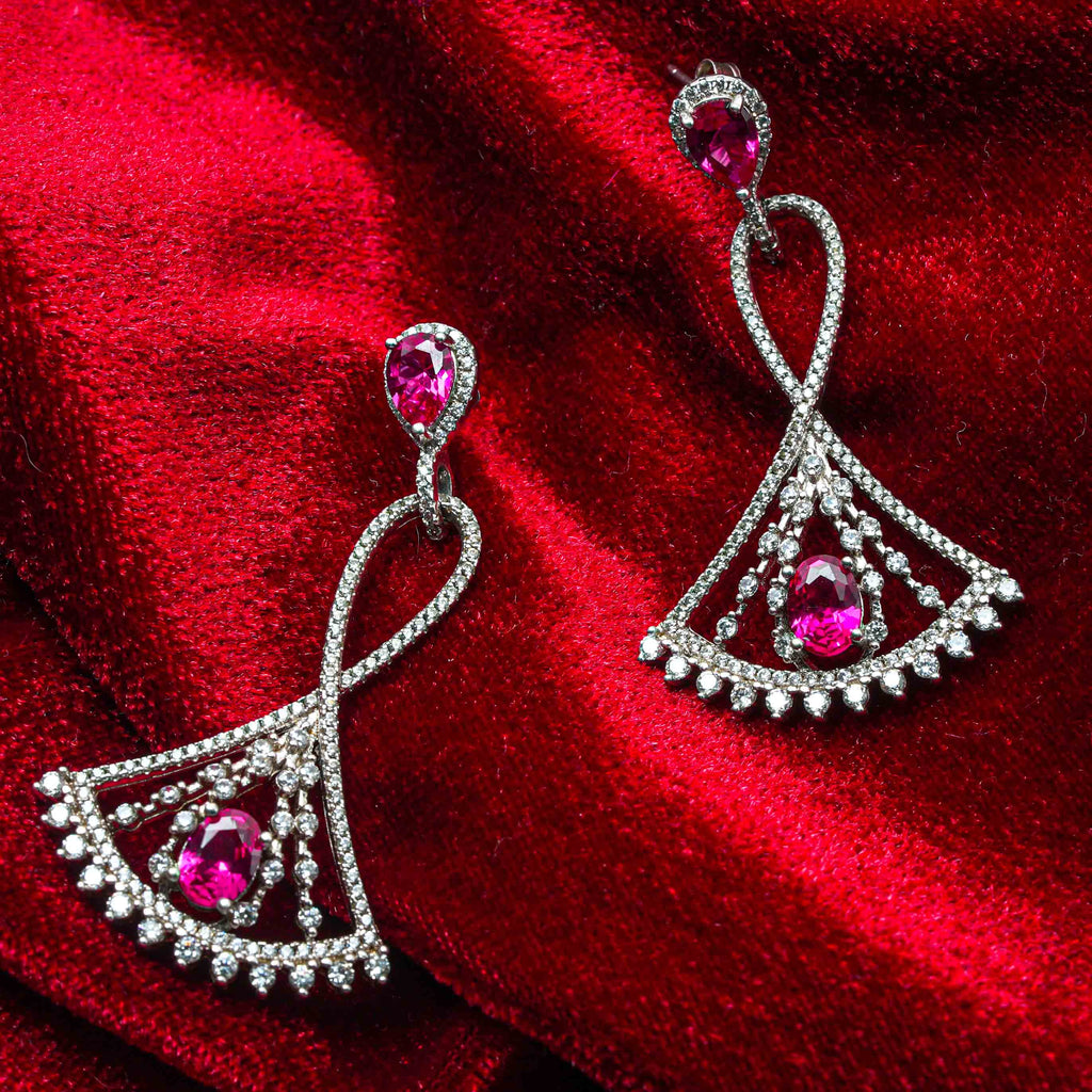 Moonraga Rhodium Plated Pink Zircon Statement Drop Earrings