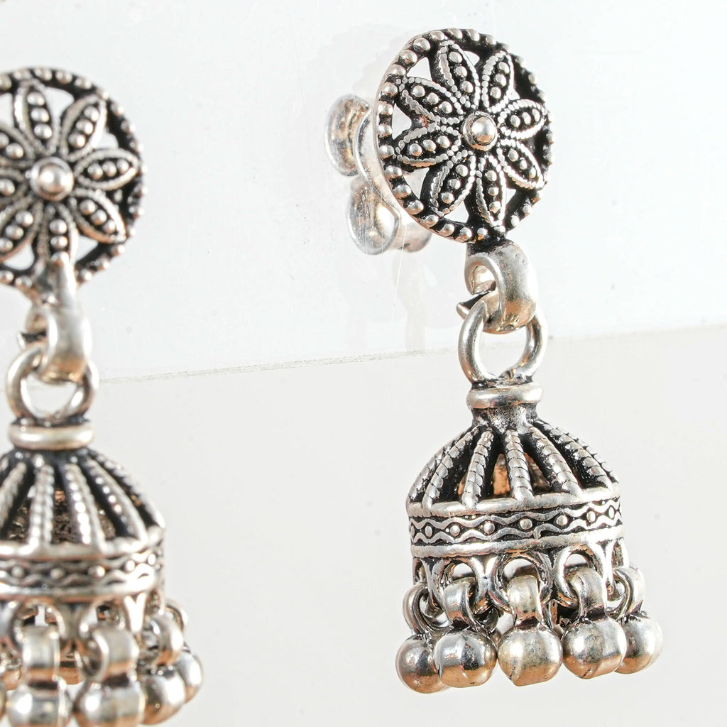 925 Sterling Silver Rawa Work Jhumka Earrings with Ghungroo Drops