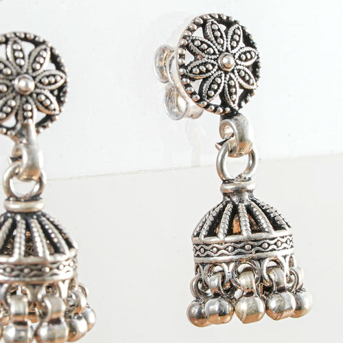 925 Sterling Silver Rawa Work Jhumka Earrings with Ghungroo Drops