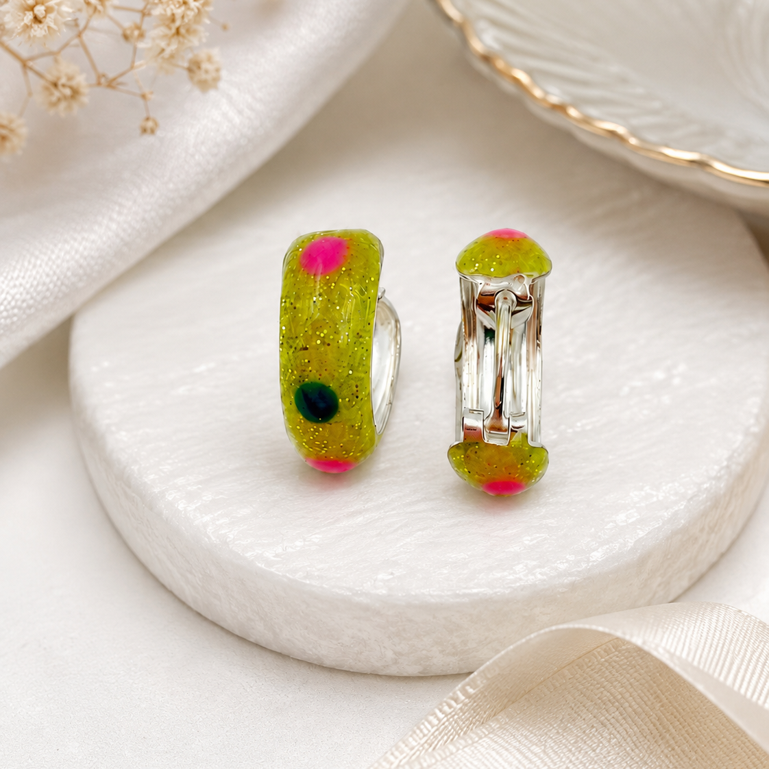 Lime Green Glitter Enamel Hoop Earrings with Pink & Blue Accents