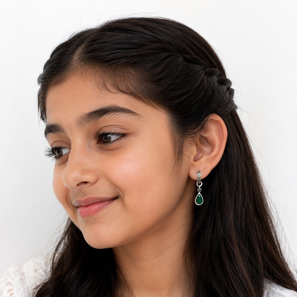 Kids’ Green Teardrop Hoop Earrings – Sterling Silver Look