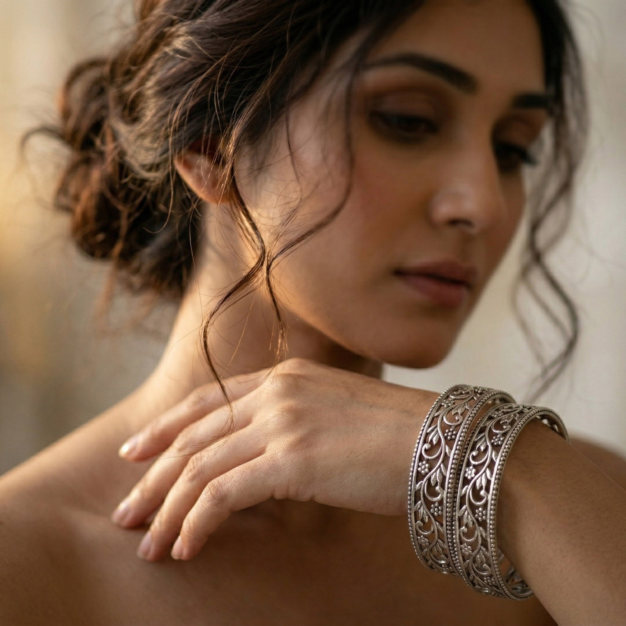Floral Motif Solid Silver Bangles (Pair)