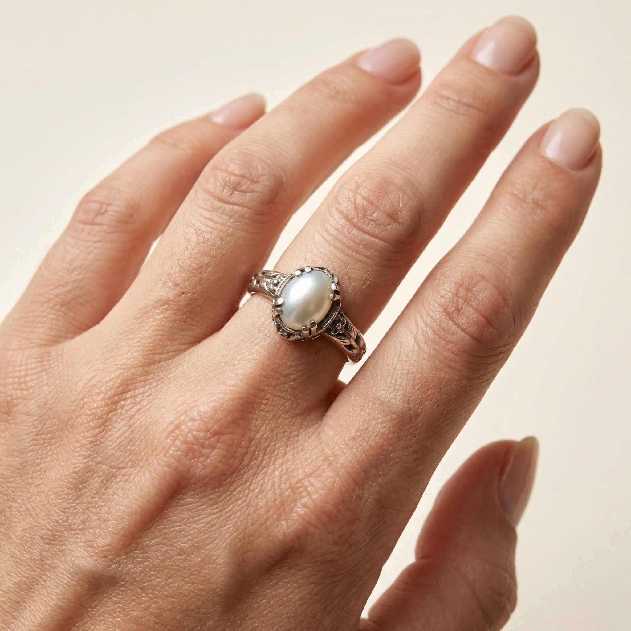White Pearl Silver Ring
