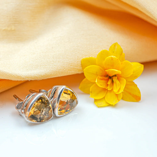 Citrine Stud Rhodium Polish Silver Earrings