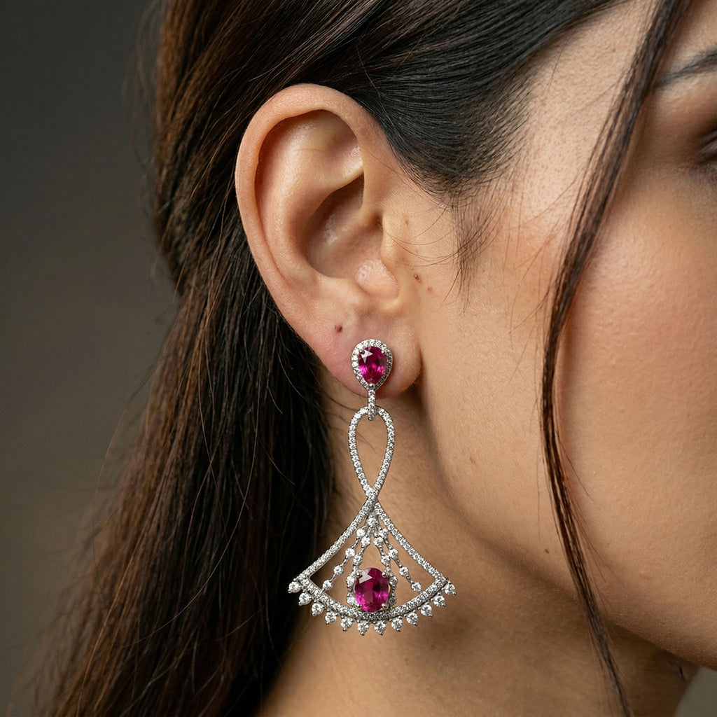 Moonraga Rhodium Plated Pink Zircon Statement Drop Earrings