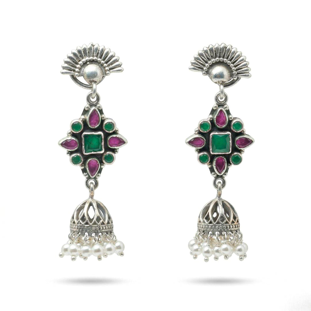 Moonraga Floral Rawa Work Jhumka Earrings with Red & Green Onyx