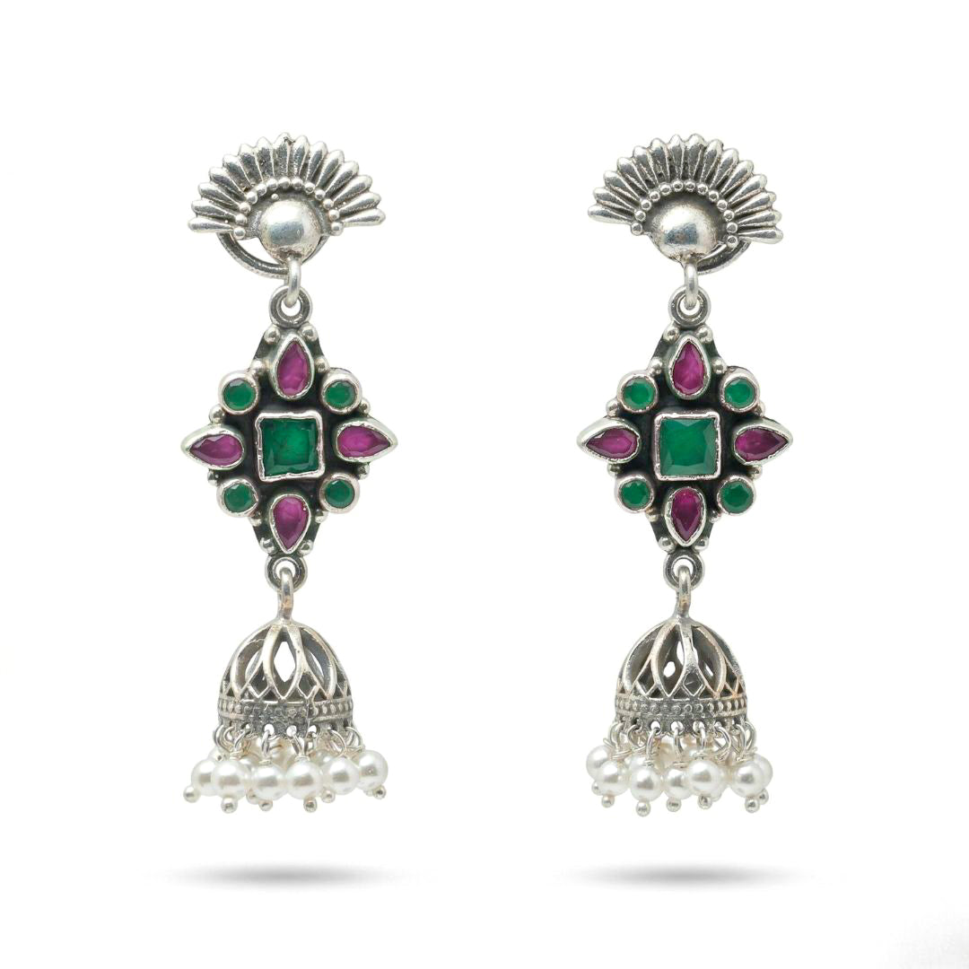 Moonraga Floral Rawa Work Jhumka Earrings with Red & Green Onyx