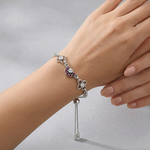 Adjustable Pink & White Zircon Silver Bracelet