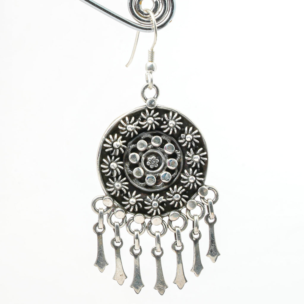 Vintage Tribal Mandala Dangle Silver Earrings
