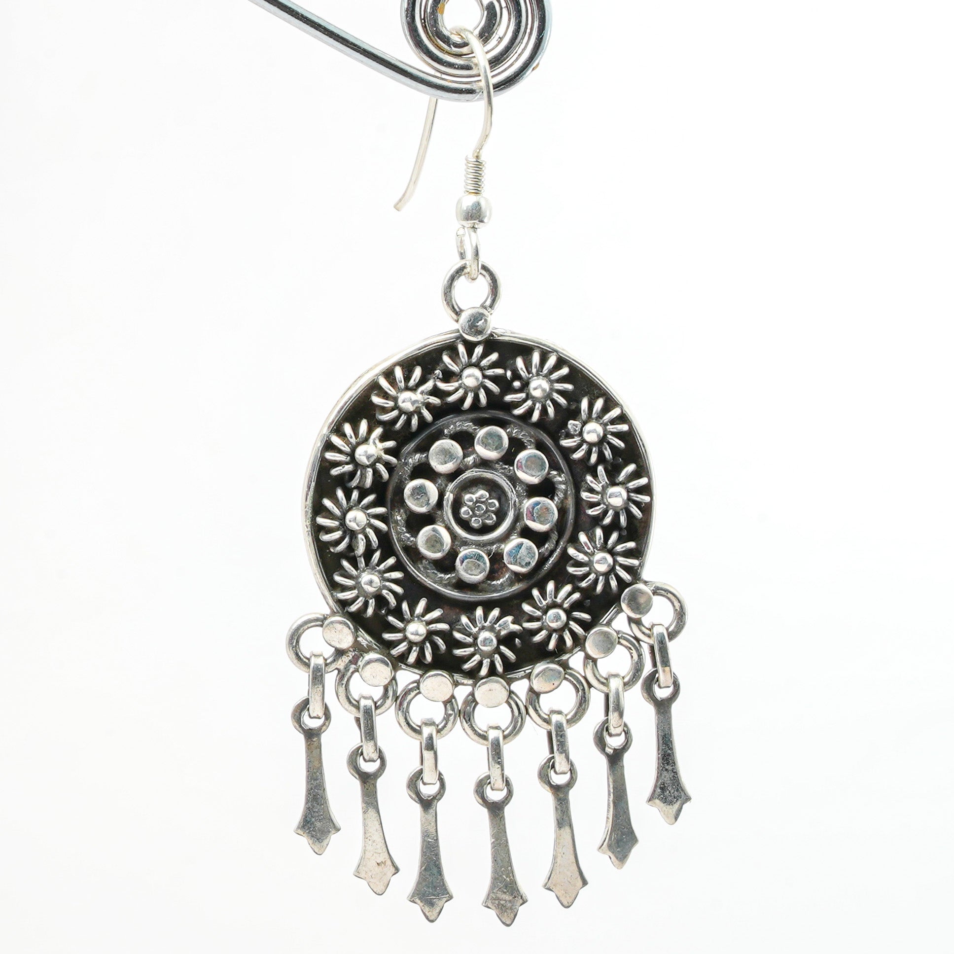 Vintage Tribal Mandala Dangle Silver Earrings