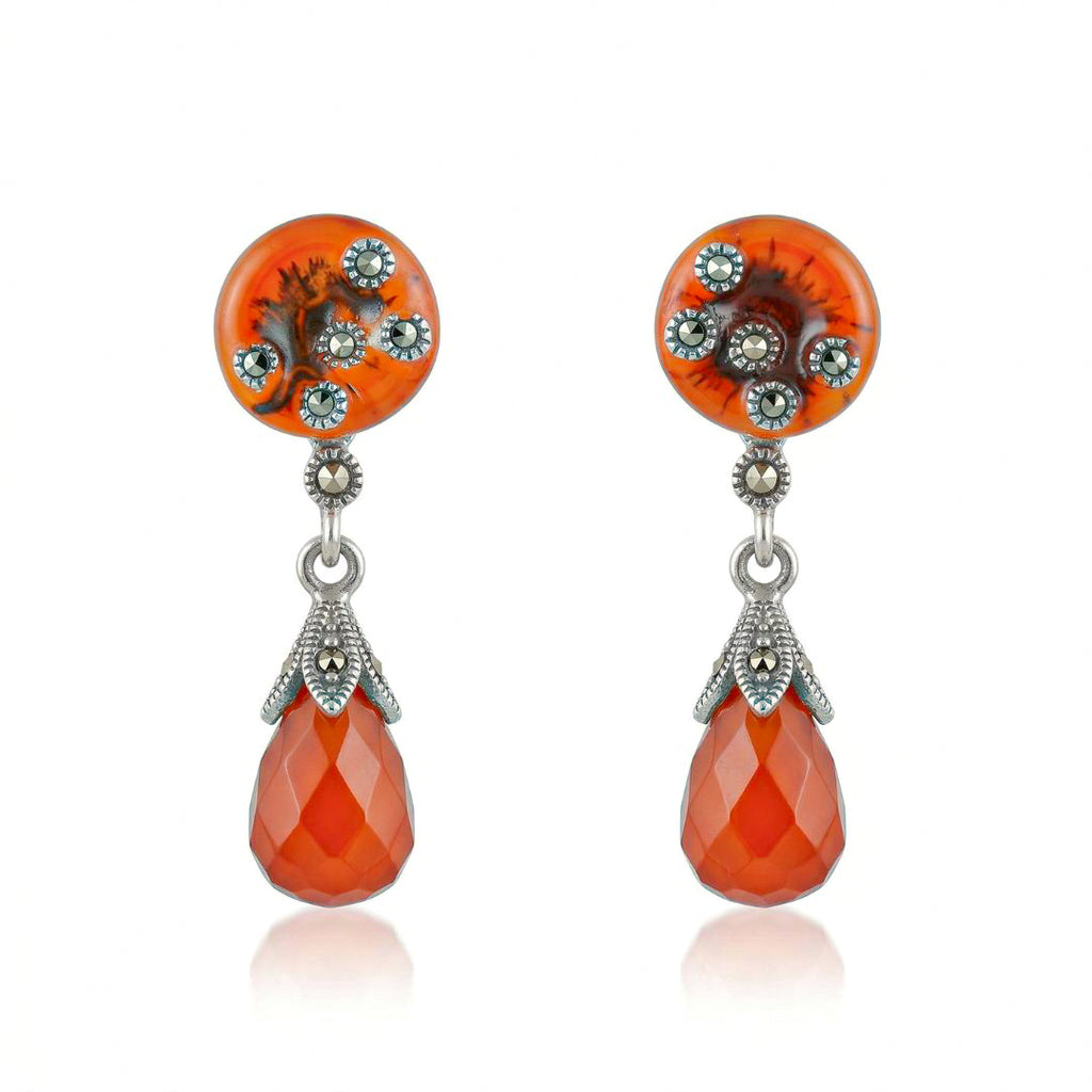 Moonraga Carnelian Teardrop Enamel & Marcasite Drop Earrings