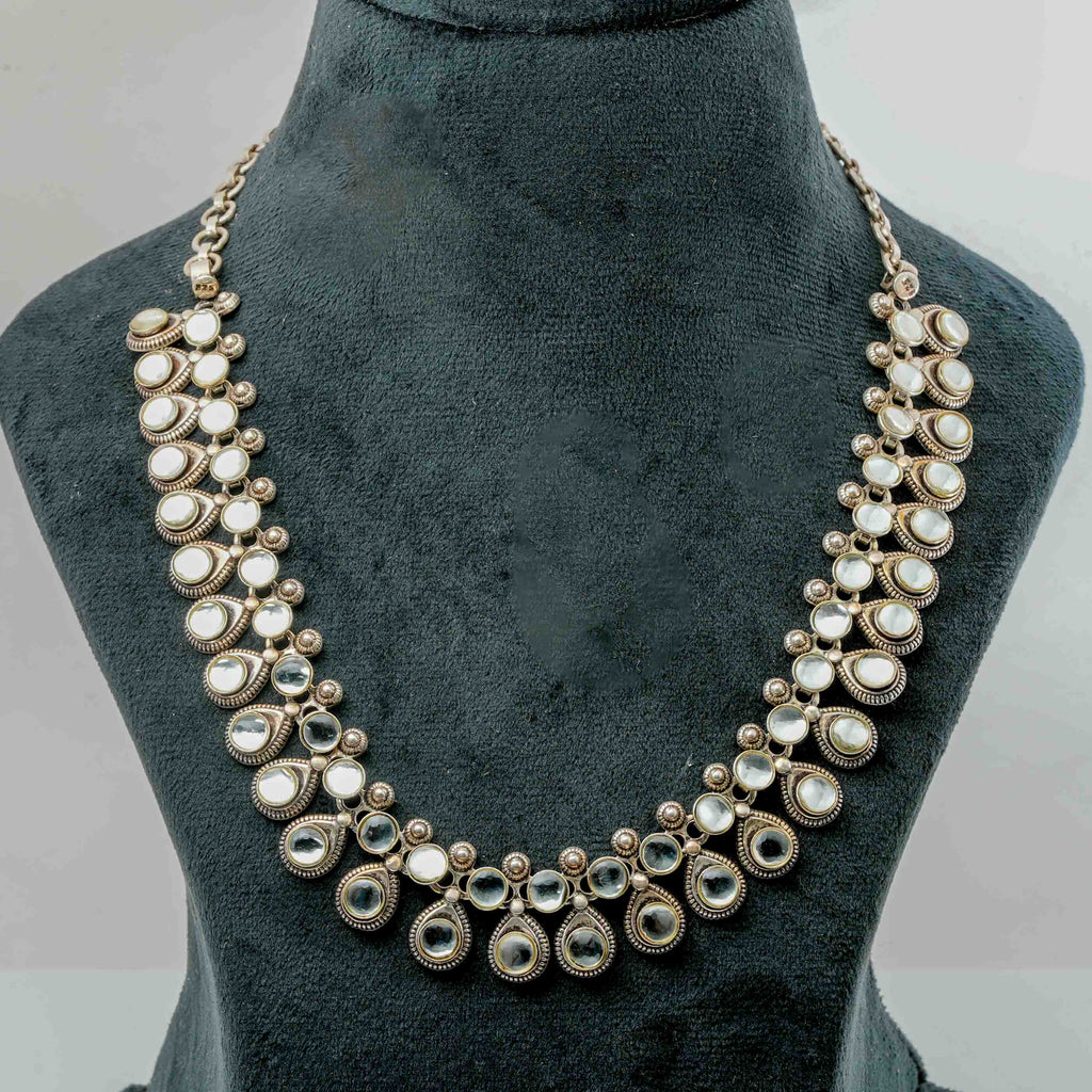 Kundan Stone Silver Necklace & Earrings Set