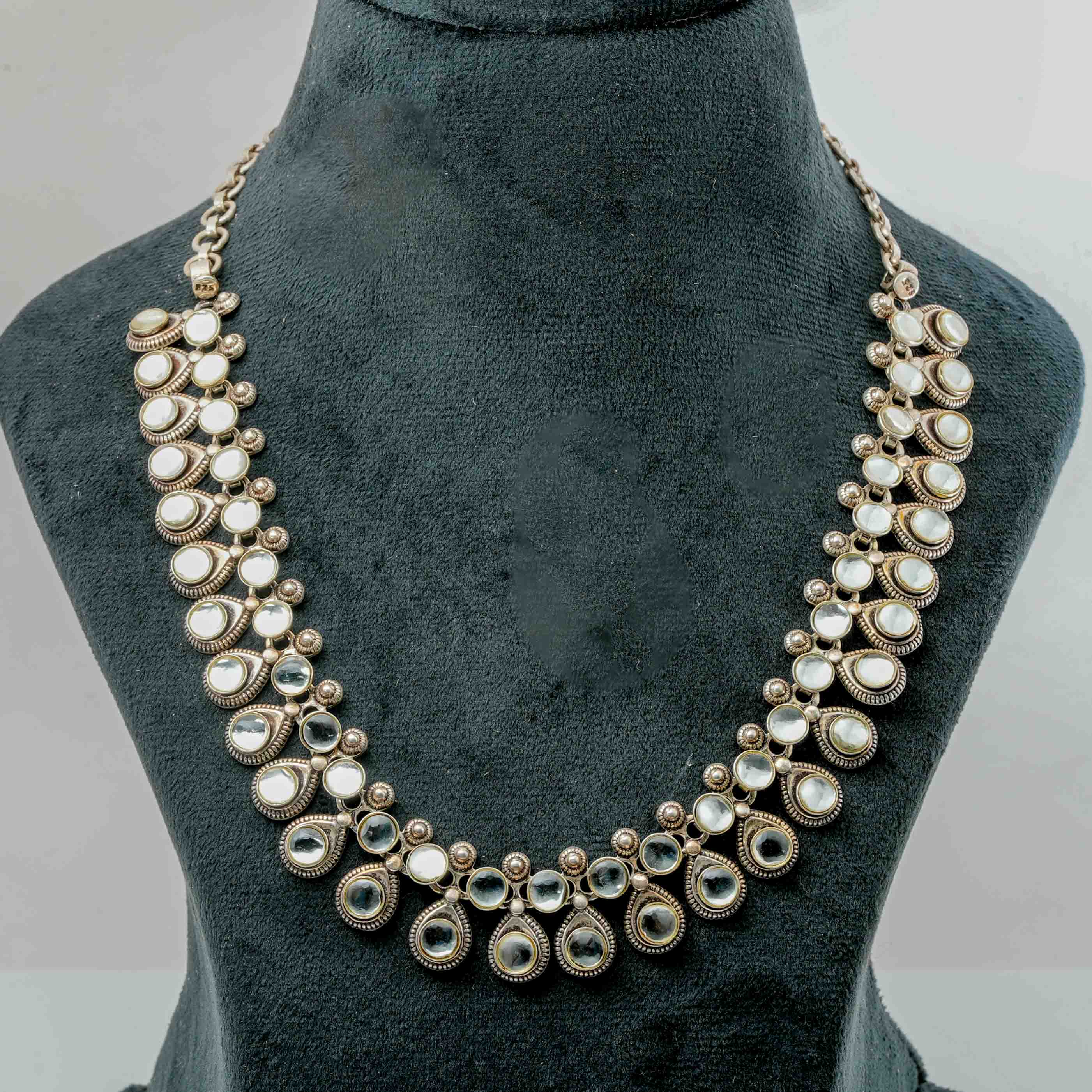 Kundan Stone Silver Necklace & Earrings Set