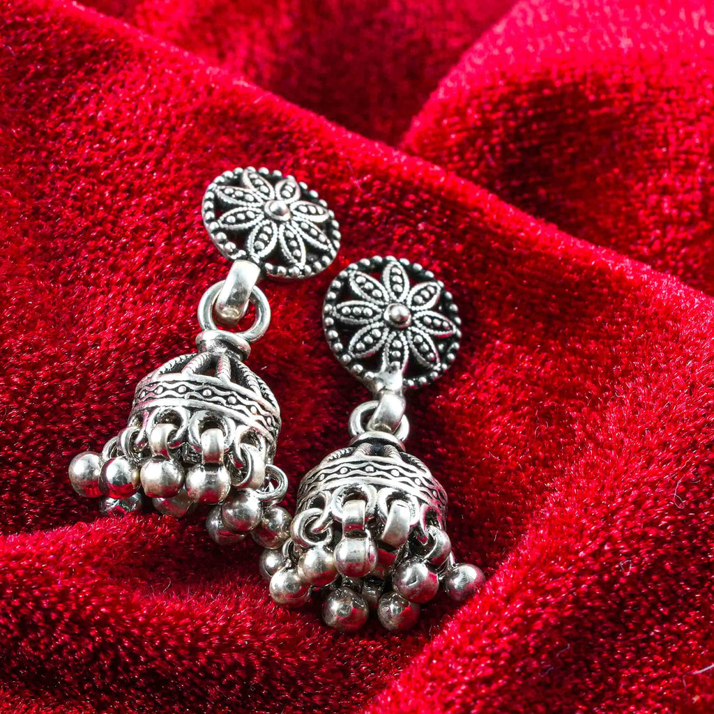925 Sterling Silver Rawa Work Jhumka Earrings with Ghungroo Drops