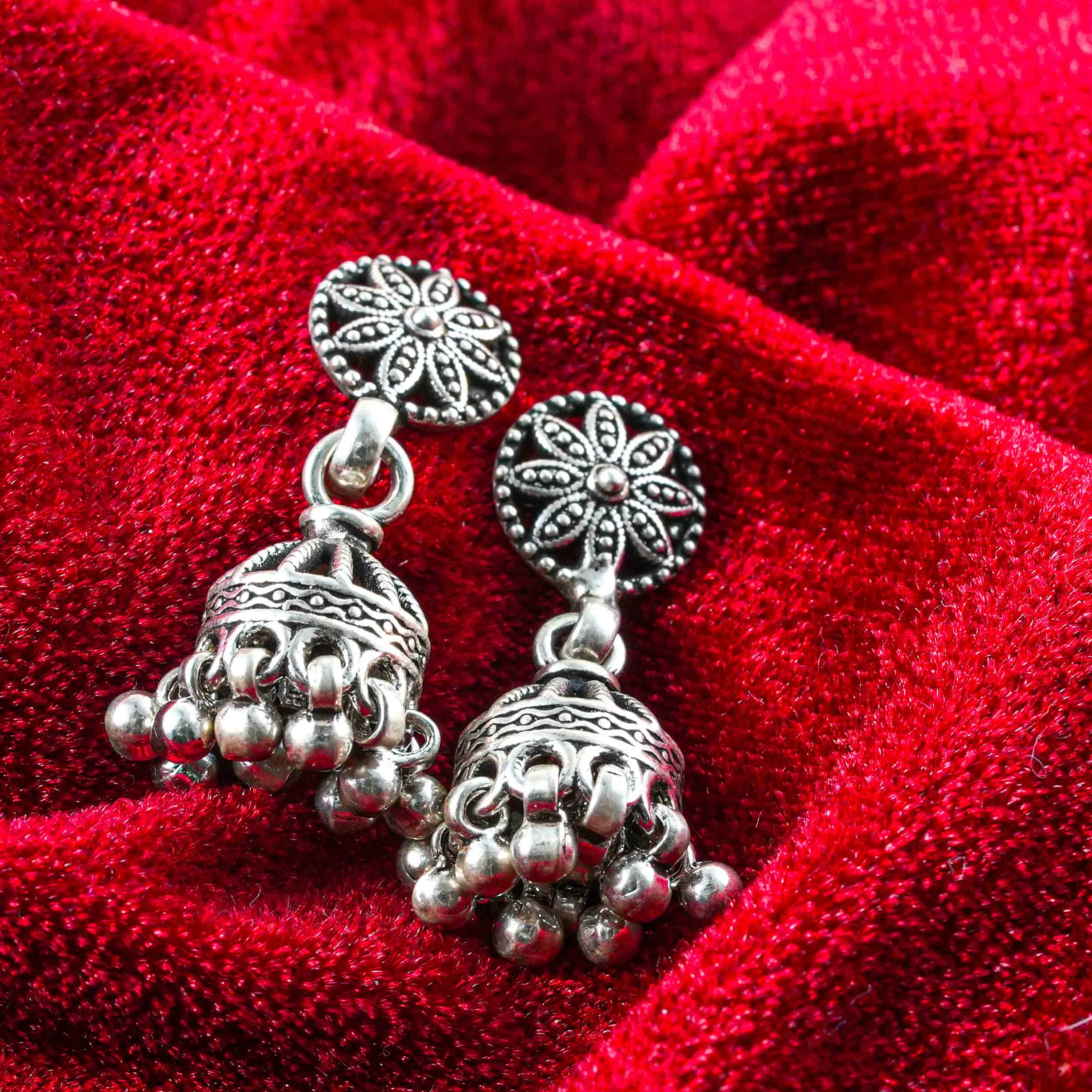 925 Sterling Silver Rawa Work Jhumka Earrings with Ghungroo Drops
