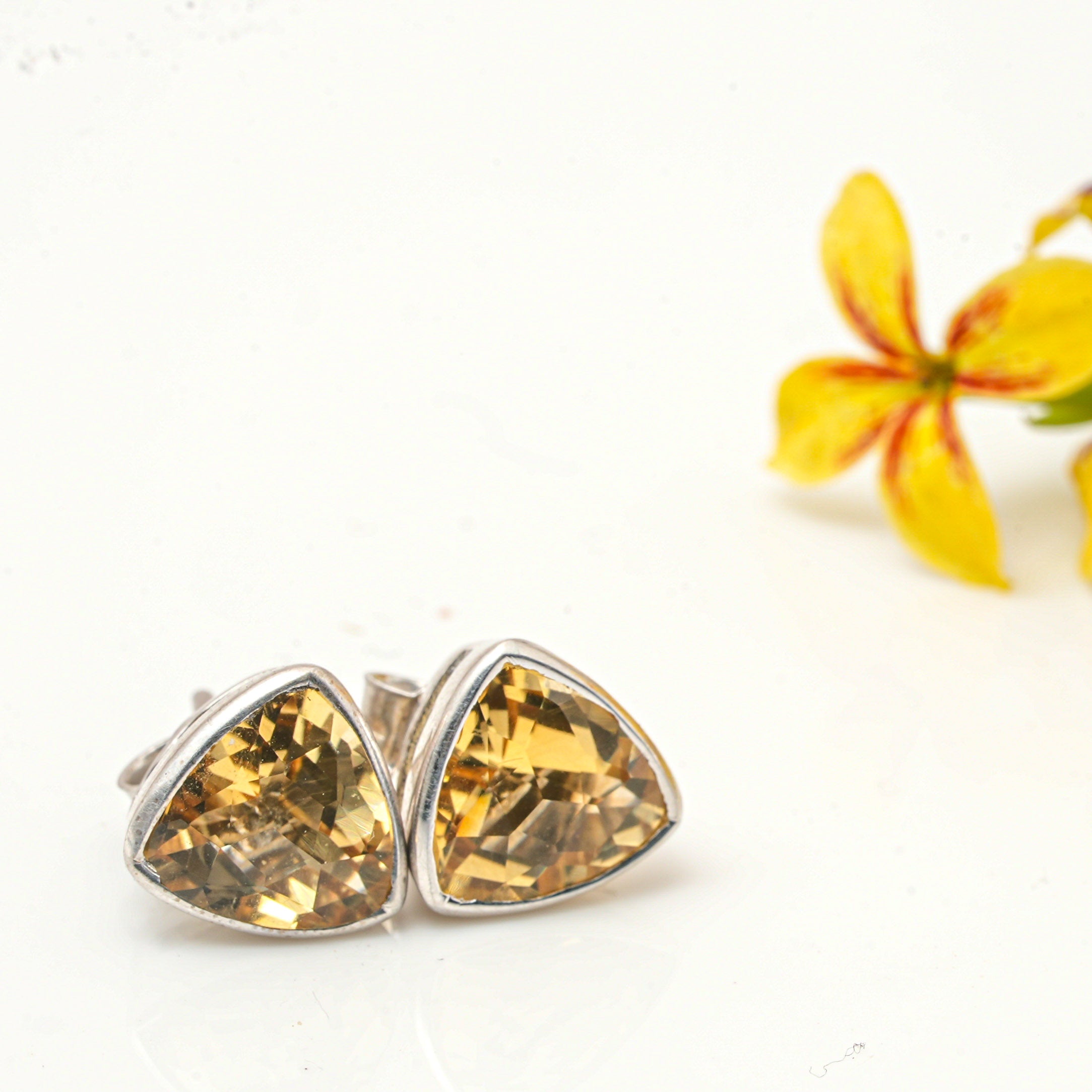 Citrine Stud Rhodium Polish Silver Earrings