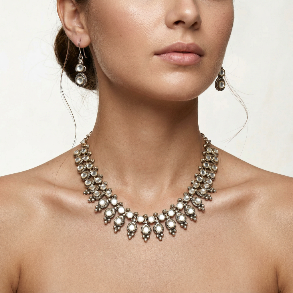Kundan Stone Silver Necklace & Earrings Set