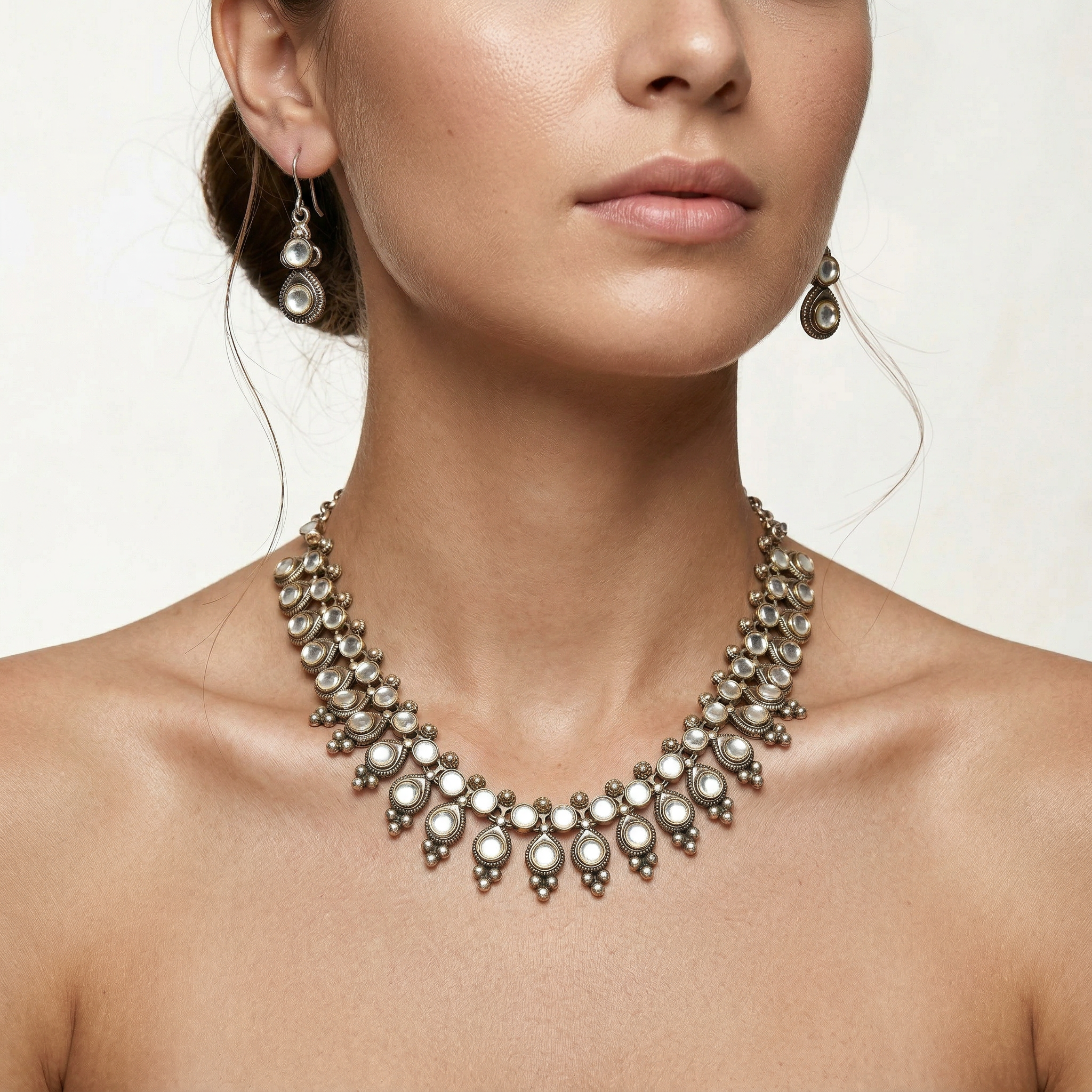 Kundan Stone Silver Necklace & Earrings Set
