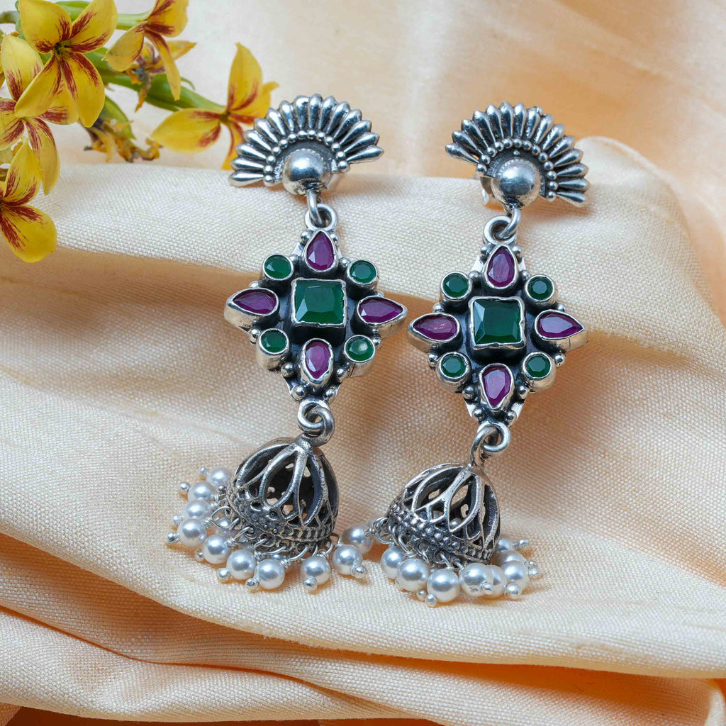 Moonraga Floral Rawa Work Jhumka Earrings with Red & Green Onyx