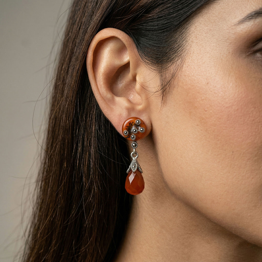 Moonraga Carnelian Teardrop Enamel & Marcasite Drop Earrings