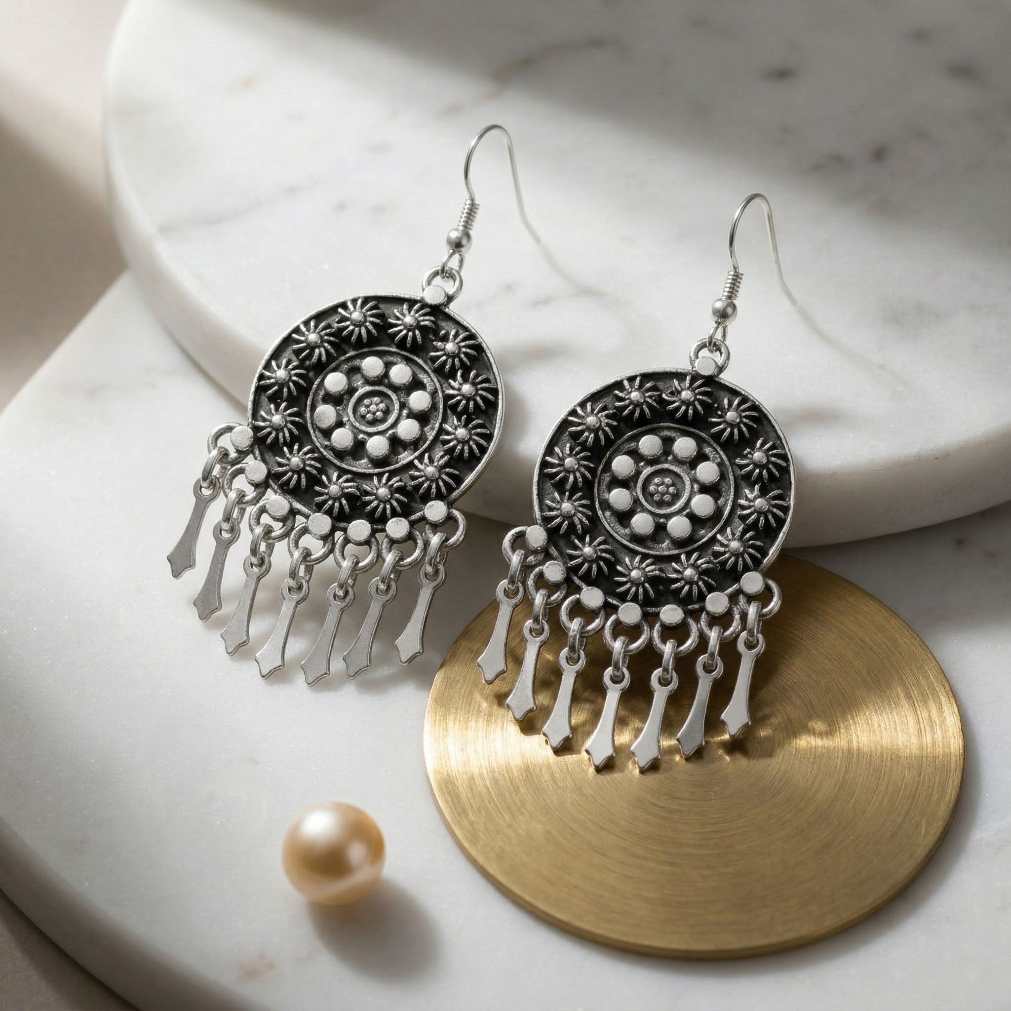 Vintage Tribal Mandala Dangle Silver Earrings