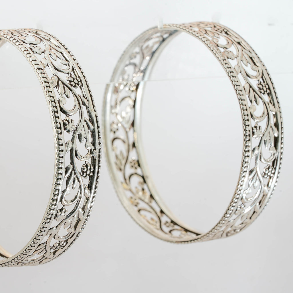 Floral Motif Solid Silver Bangles (Pair)