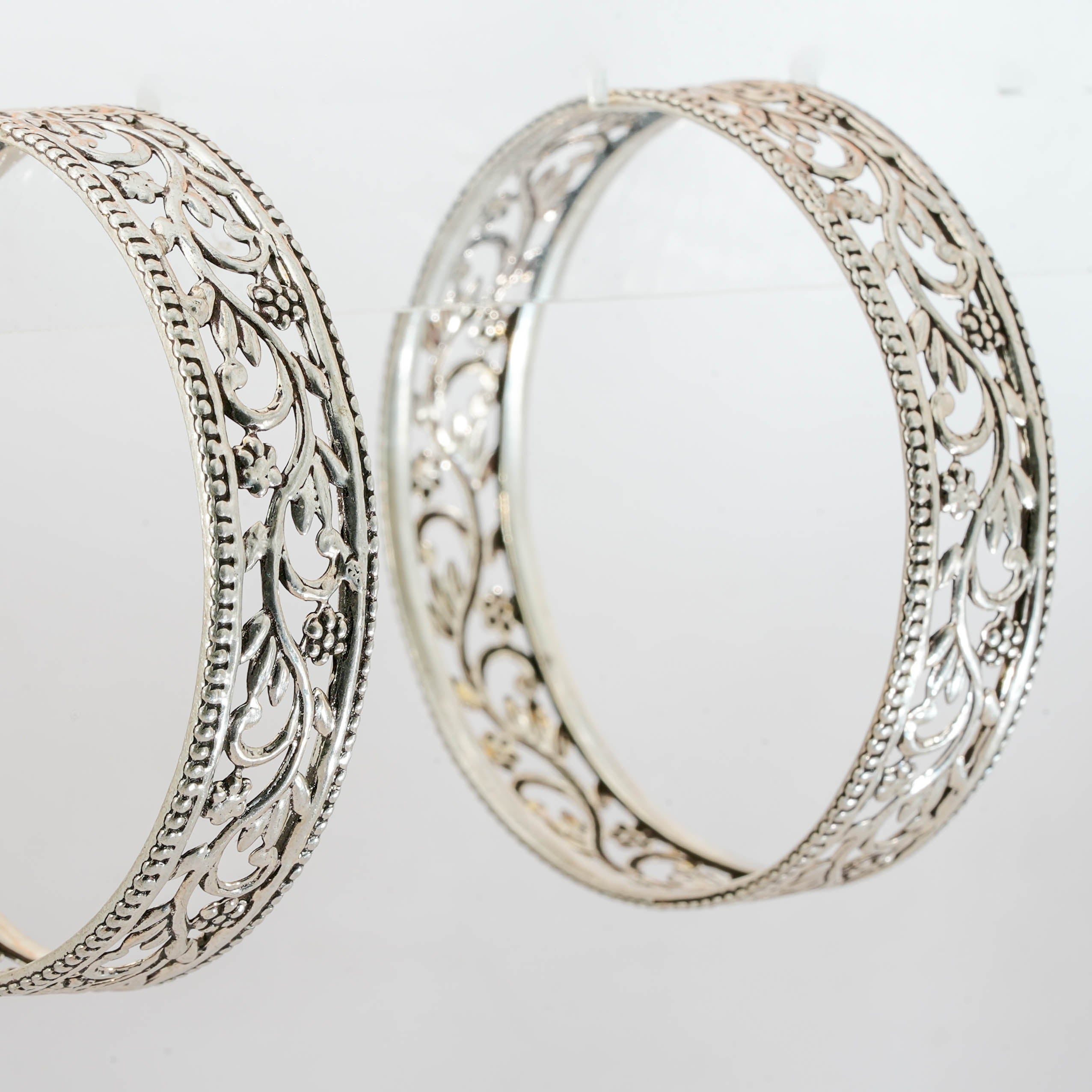 Floral Motif Solid Silver Bangles (Pair)