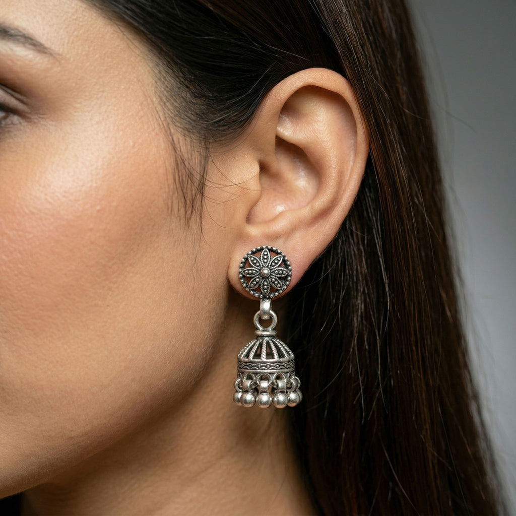925 Sterling Silver Rawa Work Jhumka Earrings with Ghungroo Drops