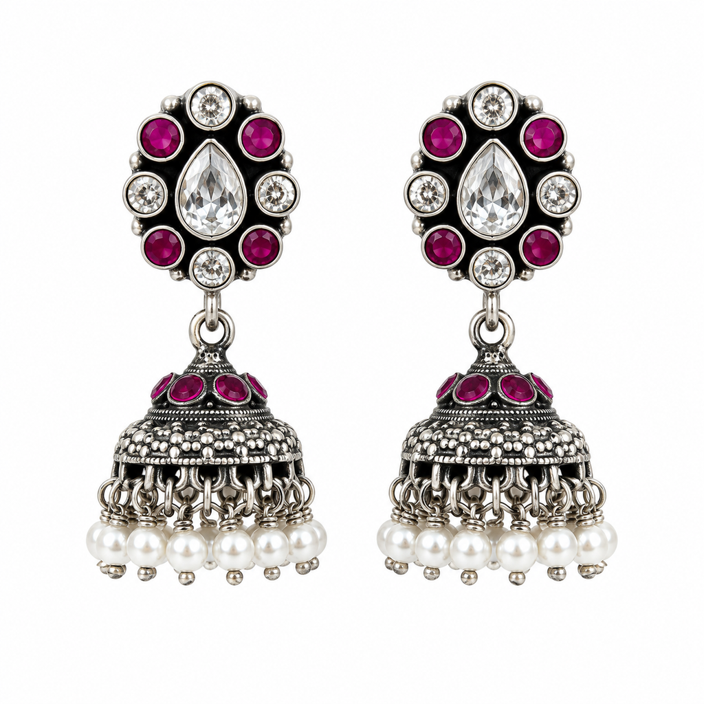 Ruby Bloom Oxidized Silver Jhumka Earrings