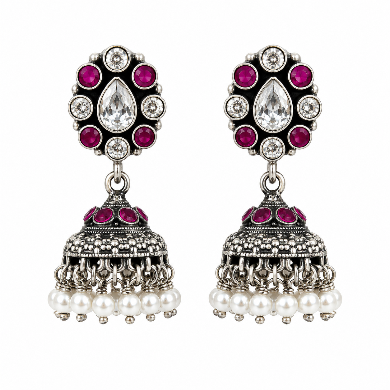 Ruby Bloom Oxidized Silver Jhumka Earrings
