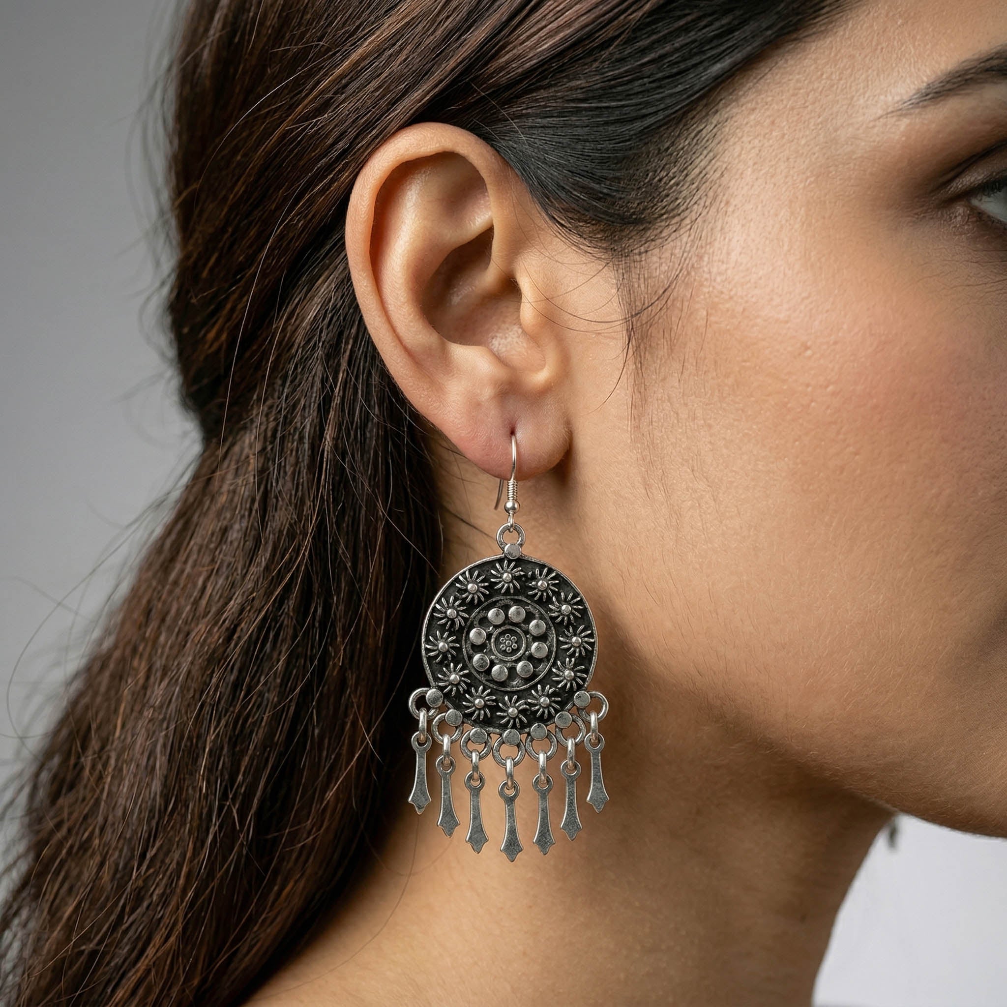 Vintage Tribal Mandala Dangle Silver Earrings