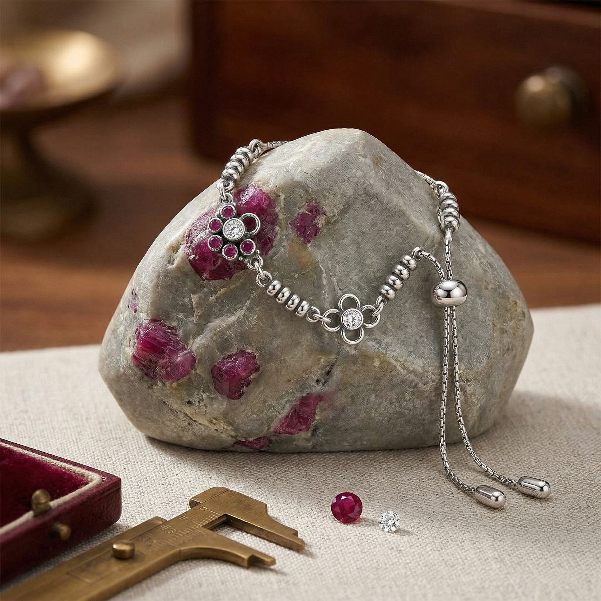 Adjustable Pink & White Zircon Silver Bracelet
